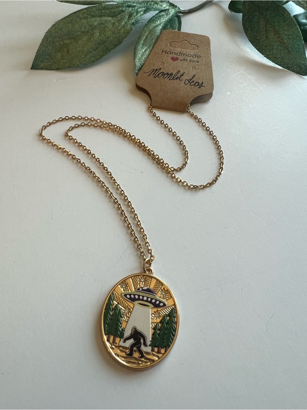 UFO & Sasquatch Pendant - Green Gold / Cryptid Big Foot Quirky Conspiracy